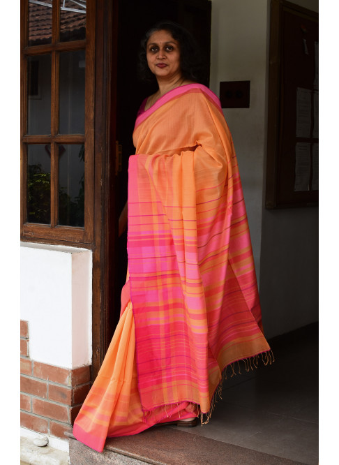 Orange, Handwoven Organic Cotton, Textured Weave , Jacquard, Work Wear Saree